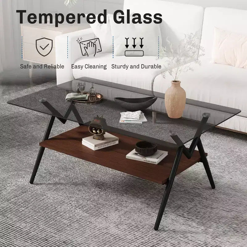 Table Basse à 2 Niveaux Okak Modern avec Plateau en Verre Trempé et Pieds en Métal Robustes, Table d'Appoint Centrale avec Étagère Ouverte pour Salon