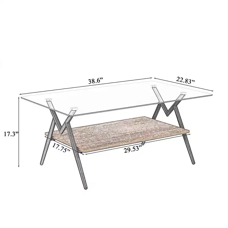 Table Basse à 2 Niveaux Okak Modern avec Plateau en Verre Trempé et Pieds en Métal Robustes, Table d'Appoint Centrale avec Étagère Ouverte pour Salon