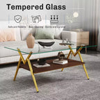 Table Basse à 2 Niveaux Okak Modern avec Plateau en Verre Trempé et Pieds en Métal Robustes, Table d'Appoint Centrale avec Étagère Ouverte pour Salon