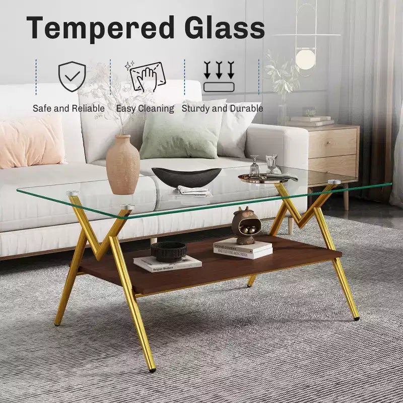 Table Basse à 2 Niveaux Okak Modern avec Plateau en Verre Trempé et Pieds en Métal Robustes, Table d'Appoint Centrale avec Étagère Ouverte pour Salon