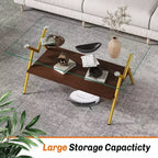 Table Basse à 2 Niveaux Okak Modern avec Plateau en Verre Trempé et Pieds en Métal Robustes, Table d'Appoint Centrale avec Étagère Ouverte pour Salon