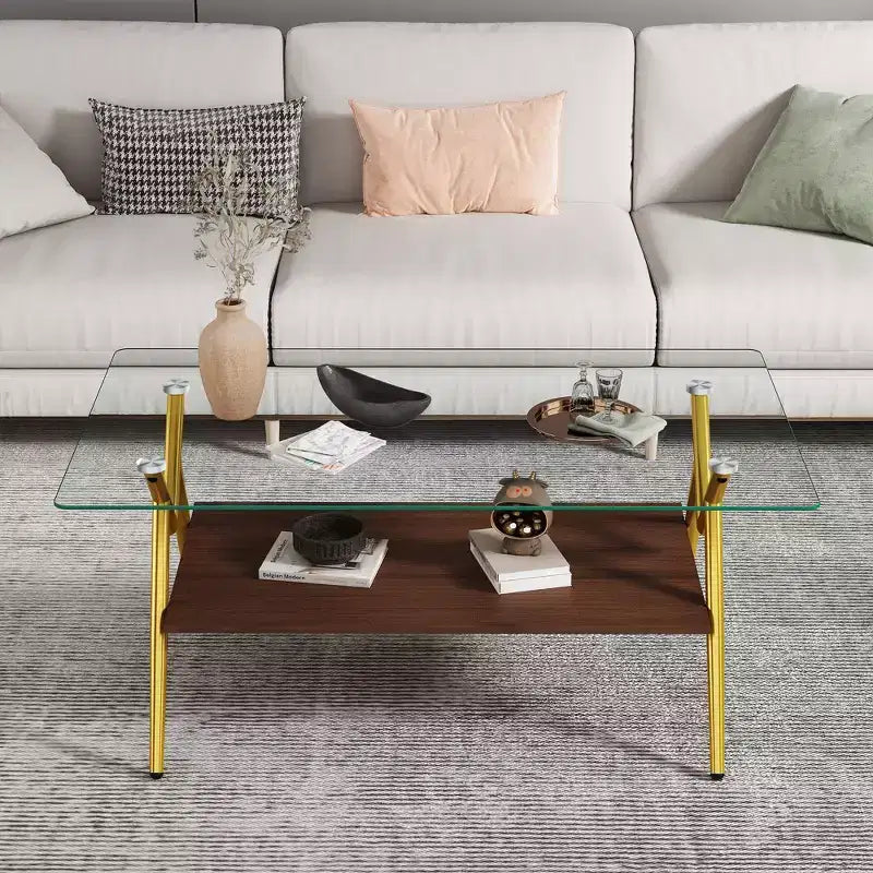 Table Basse à 2 Niveaux Okak Modern avec Plateau en Verre Trempé et Pieds en Métal Robustes, Table d'Appoint Centrale avec Étagère Ouverte pour Salon