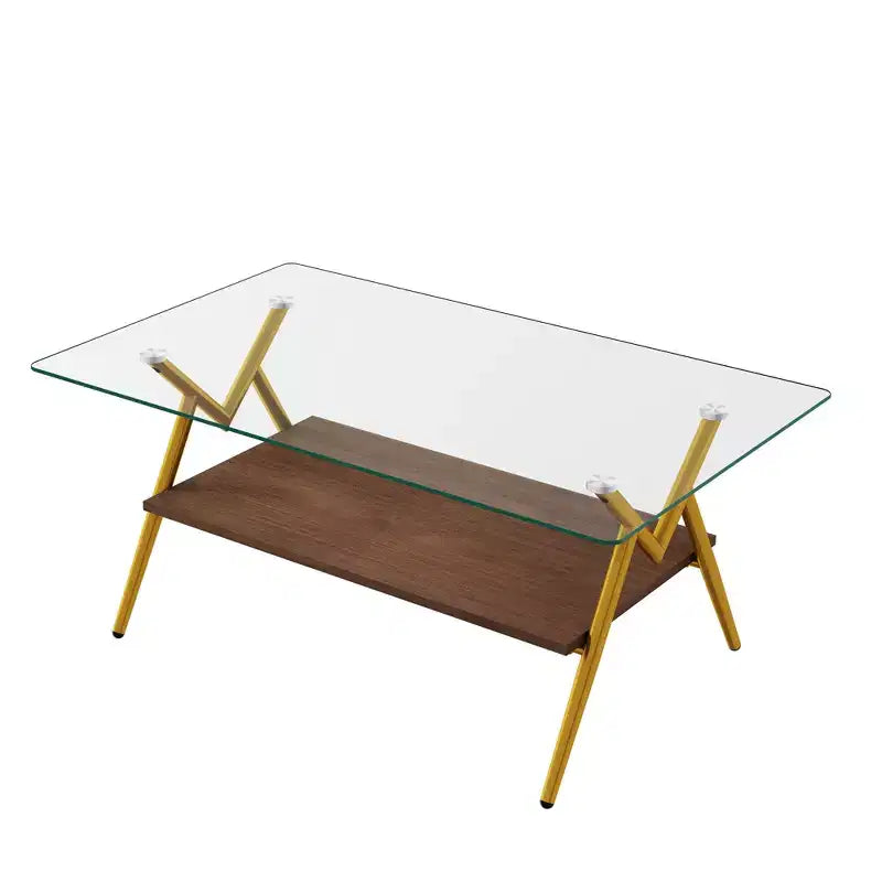 Table Basse à 2 Niveaux Okak Modern avec Plateau en Verre Trempé et Pieds en Métal Robustes, Table d'Appoint Centrale avec Étagère Ouverte pour Salon