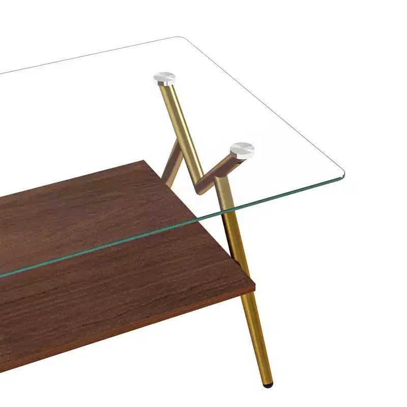 Table Basse à 2 Niveaux Okak Modern avec Plateau en Verre Trempé et Pieds en Métal Robustes, Table d'Appoint Centrale avec Étagère Ouverte pour Salon