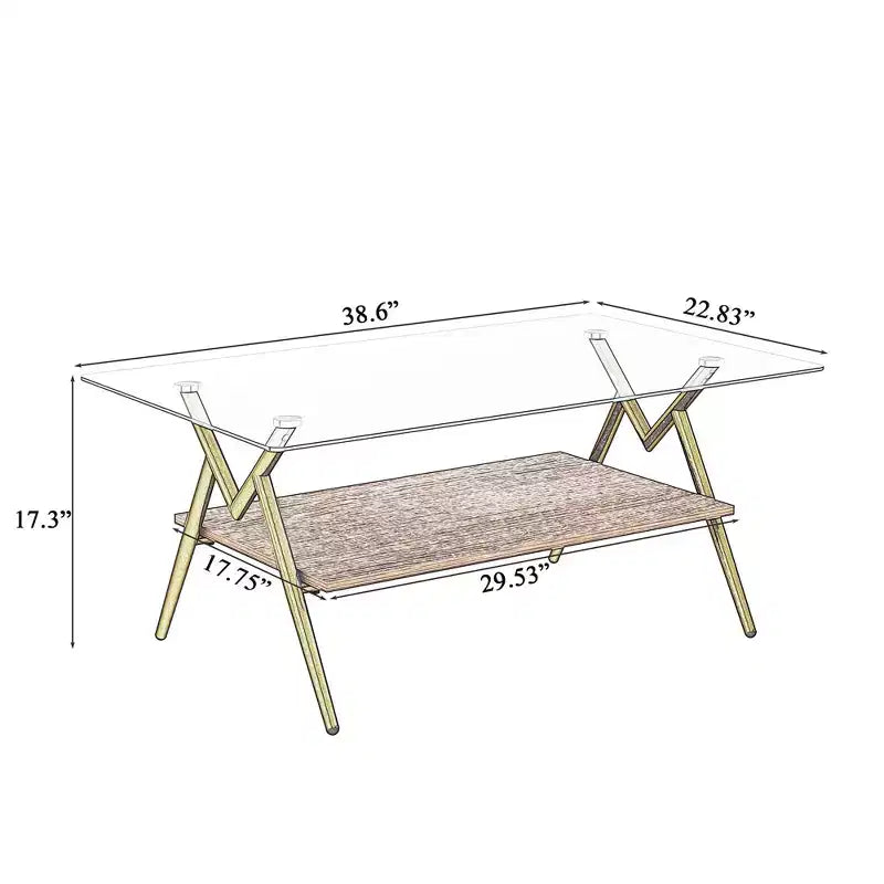 Table Basse à 2 Niveaux Okak Modern avec Plateau en Verre Trempé et Pieds en Métal Robustes, Table d'Appoint Centrale avec Étagère Ouverte pour Salon