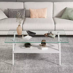 Table Basse à 2 Niveaux Okak Modern avec Plateau en Verre Trempé et Pieds en Métal Robustes, Table d'Appoint Centrale avec Étagère Ouverte pour Salon
