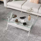Table Basse à 2 Niveaux Okak Modern avec Plateau en Verre Trempé et Pieds en Métal Robustes, Table d'Appoint Centrale avec Étagère Ouverte pour Salon