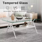 Table Basse à 2 Niveaux Okak Modern avec Plateau en Verre Trempé et Pieds en Métal Robustes, Table d'Appoint Centrale avec Étagère Ouverte pour Salon