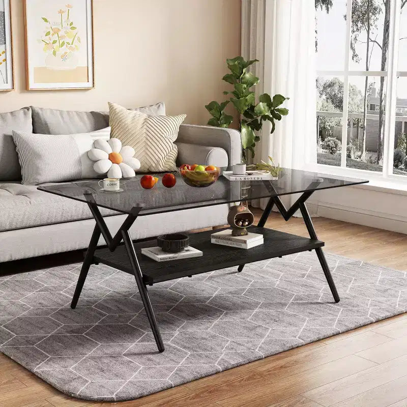 Table Basse à 2 Niveaux Okak Modern avec Plateau en Verre Trempé et Pieds en Métal Robustes, Table d'Appoint Centrale avec Étagère Ouverte pour Salon