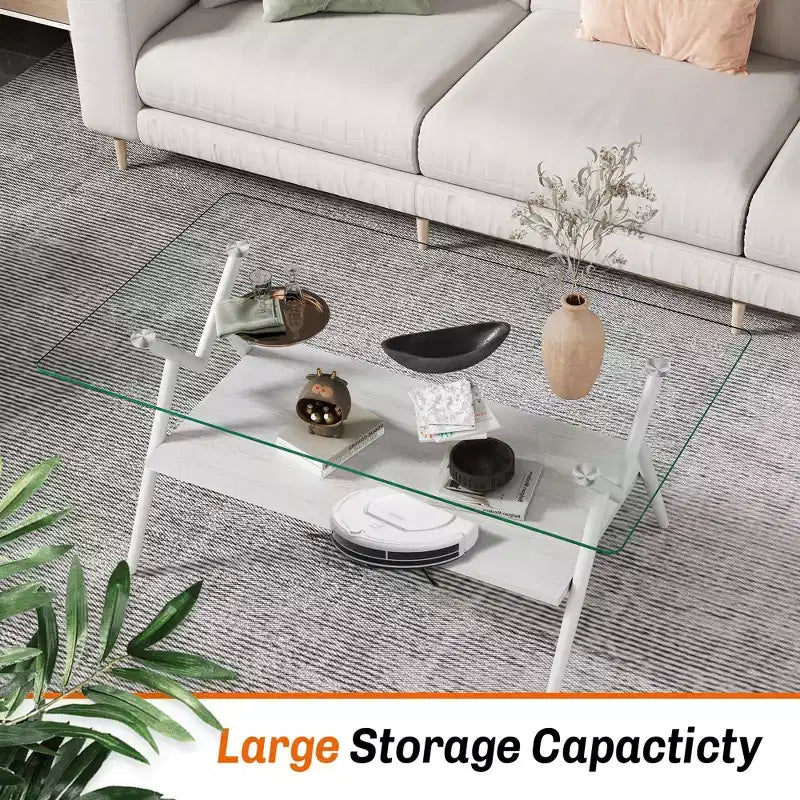 Table Basse à 2 Niveaux Okak Modern avec Plateau en Verre Trempé et Pieds en Métal Robustes, Table d'Appoint Centrale avec Étagère Ouverte pour Salon