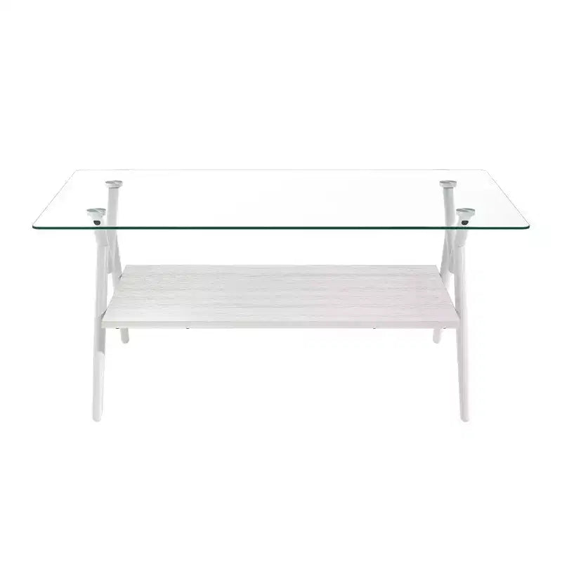 Table Basse à 2 Niveaux Okak Modern avec Plateau en Verre Trempé et Pieds en Métal Robustes, Table d'Appoint Centrale avec Étagère Ouverte pour Salon