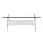 Table Basse à 2 Niveaux Okak Modern avec Plateau en Verre Trempé et Pieds en Métal Robustes, Table d'Appoint Centrale avec Étagère Ouverte pour Salon