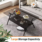 Table Basse à 2 Niveaux Okak Modern avec Plateau en Verre Trempé et Pieds en Métal Robustes, Table d'Appoint Centrale avec Étagère Ouverte pour Salon