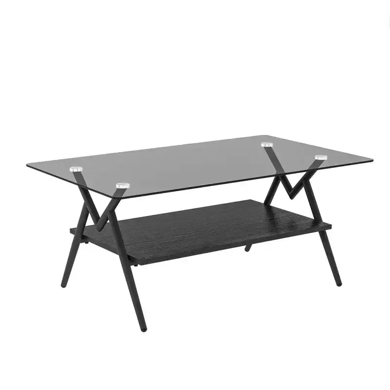 Table Basse à 2 Niveaux Okak Modern avec Plateau en Verre Trempé et Pieds en Métal Robustes, Table d'Appoint Centrale avec Étagère Ouverte pour Salon