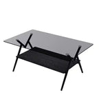 Table Basse à 2 Niveaux Okak Modern avec Plateau en Verre Trempé et Pieds en Métal Robustes, Table d'Appoint Centrale avec Étagère Ouverte pour Salon