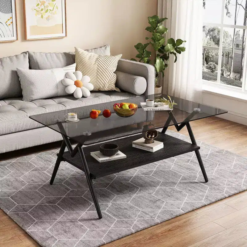 Table Basse à 2 Niveaux Okak Modern avec Plateau en Verre Trempé et Pieds en Métal Robustes, Table d'Appoint Centrale avec Étagère Ouverte pour Salon