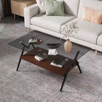 Table Basse à 2 Niveaux Okak Modern avec Plateau en Verre Trempé et Pieds en Métal Robustes, Table d'Appoint Centrale avec Étagère Ouverte pour Salon