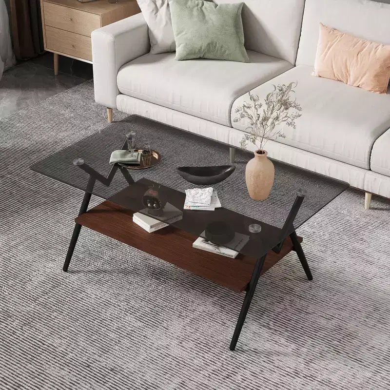 Table Basse à 2 Niveaux Okak Modern avec Plateau en Verre Trempé et Pieds en Métal Robustes, Table d'Appoint Centrale avec Étagère Ouverte pour Salon