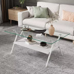 Table Basse à 2 Niveaux Okak Modern avec Plateau en Verre Trempé et Pieds en Métal Robustes, Table d'Appoint Centrale avec Étagère Ouverte pour Salon