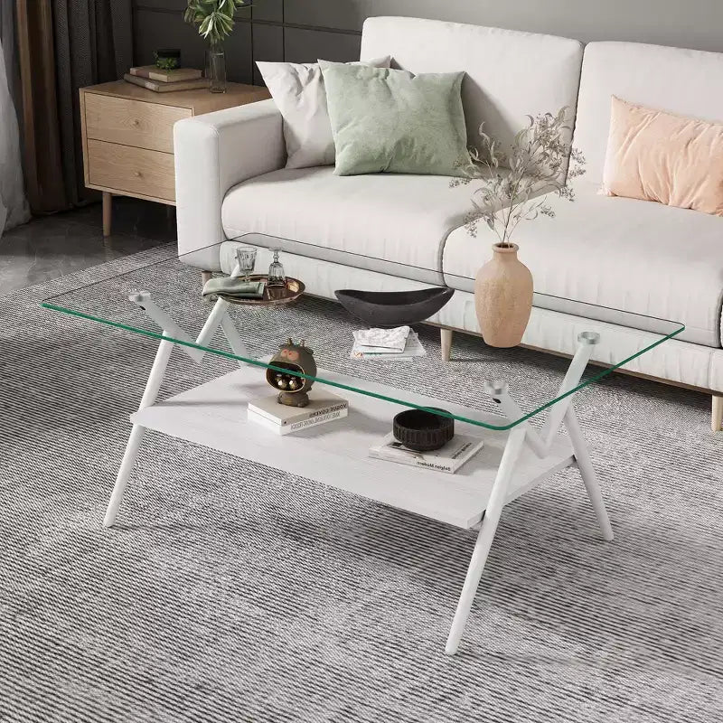 Table Basse à 2 Niveaux Okak Modern avec Plateau en Verre Trempé et Pieds en Métal Robustes, Table d'Appoint Centrale avec Étagère Ouverte pour Salon