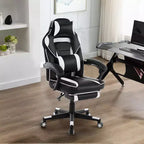 Chaise de gamer pivotante à 360° et réglable en hauteur avec repose-pieds rétractable et support lombaire ergonomique, en cuir PU, avec appui-tête pour le bureau