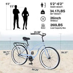NAYSAYE Vélo de plage cruiser 26 pouces, 7 vitesses, freins en V, selle confortable, vélo de ville rétro classique pour femme, homme, senior