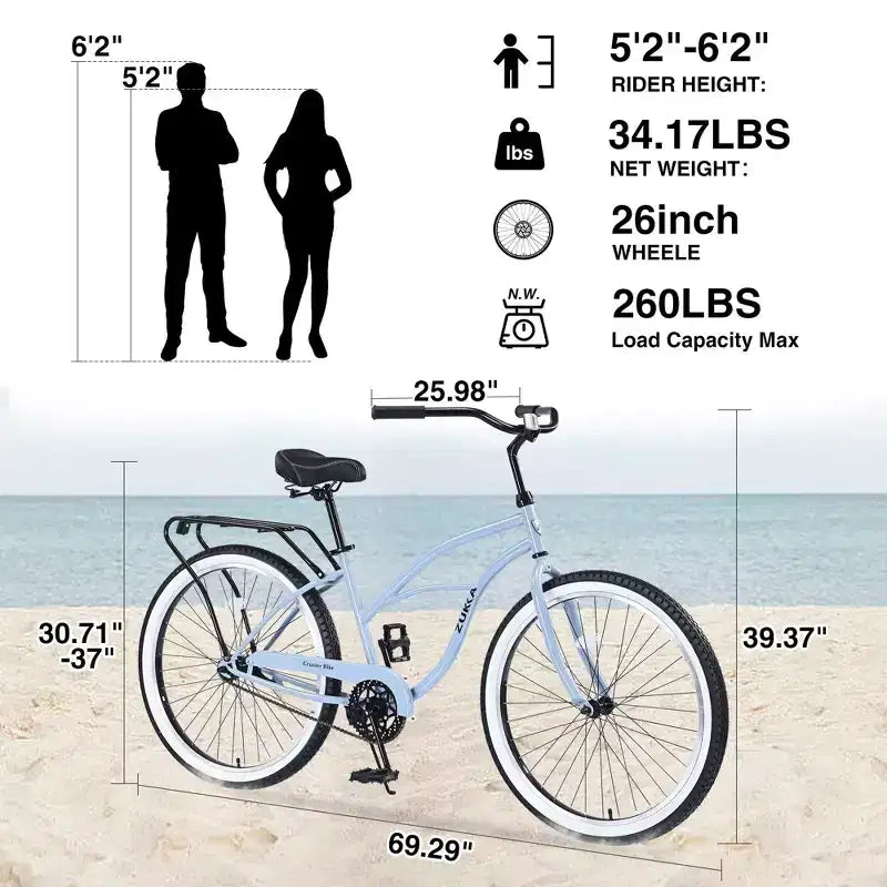 NAYSAYE Vélo de plage cruiser 26 pouces, 7 vitesses, freins en V, selle confortable, vélo de ville rétro classique pour femme, homme, senior