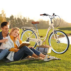 Vélo NAYSAYE 7 vitesses avec cadre en acier, vélo pour femme 24 pouces pour les trajets quotidiens et les loisirs en ville, beige, 62.2*23.62*40.16