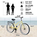 NAYSAYE Vélo de plage à vitesse unique 26 pouces pour femmes, cadre en acier, pour des balades décontractées, jaune, 69,29*25,98*39,37