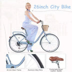 NAYSAYE Vélo de ville 7 vitesses avec panier, cadre en acier pour filles pour les trajets quotidiens et les loisirs, Bleu, 170*63*105
