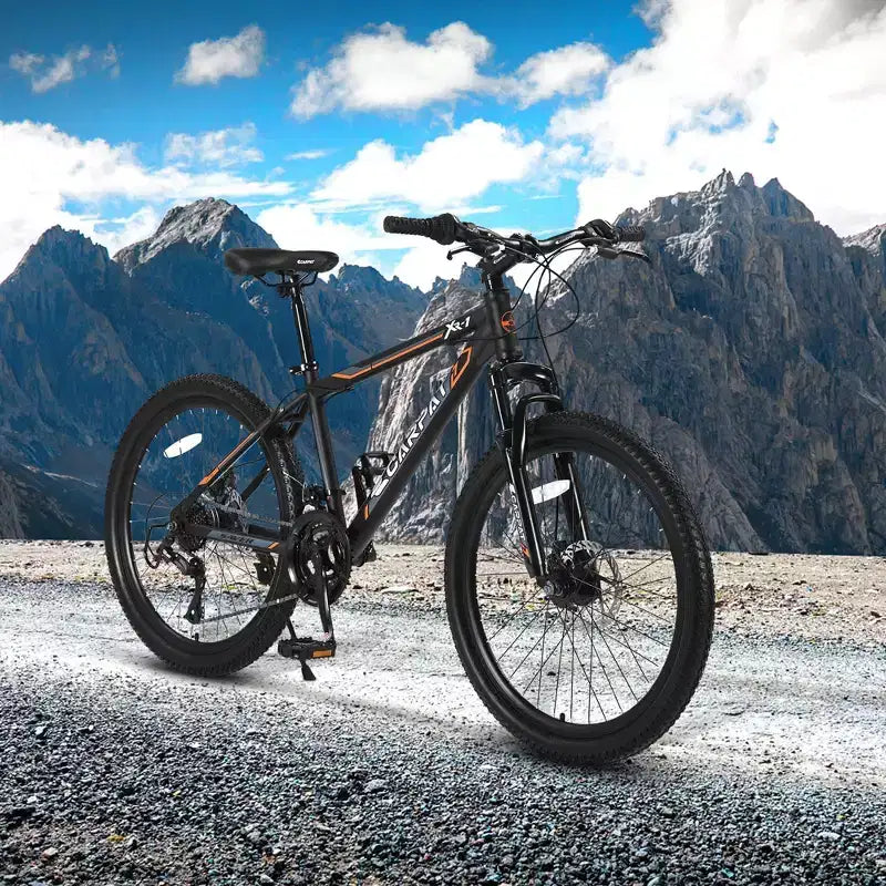 NAYSAYE Vélo VTT 24 Pouces, 21 Vitesses, Cadre en Acier pour Garçons et Filles, pour Aventures Tout-Terrain, Noir et Orange, 56,3 x 7,88 x 28,35