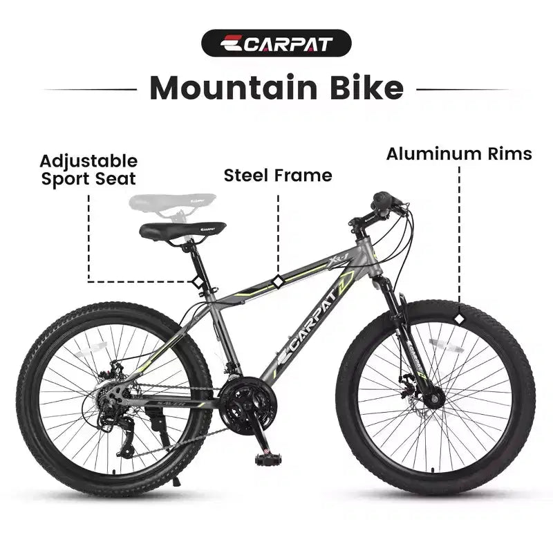 NAYSAYE Vélo VTT 24 Pouces 21 Vitesses Cadre en Acier pour Garçons et Filles pour Aventures Tout-Terrain, Gris, 56,3*7,88*28,35