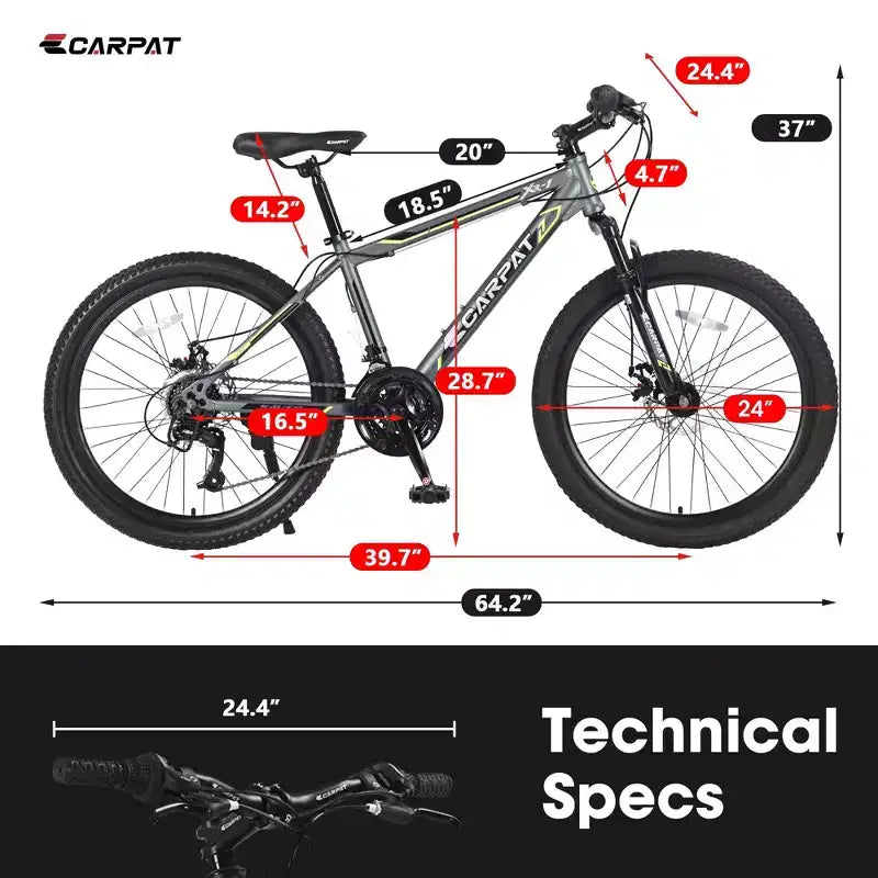 NAYSAYE Vélo VTT 24 Pouces 21 Vitesses Cadre en Acier pour Garçons et Filles pour Aventures Tout-Terrain, Gris, 56,3*7,88*28,35