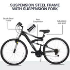 hykolity VTT 27,5 pouces Vélo Tout-Terrain 18 Vitesses Sport Pleine Suspension pour Hommes Adultes Unisexe Noir
