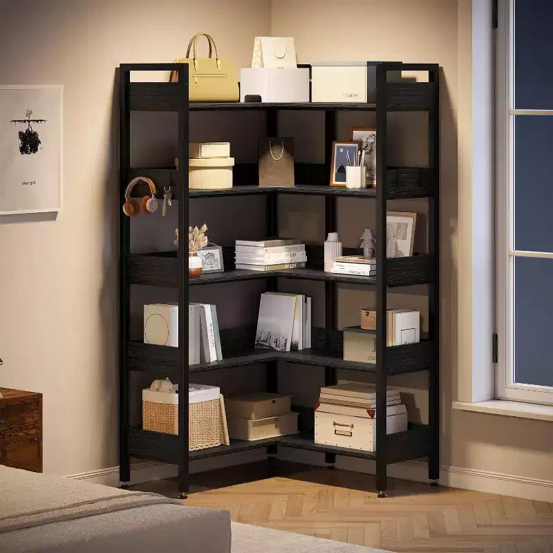 Bibliothèque d'angle, étagère d'angle convertible à 5 niveaux, étagère de rangement en forme de L pour bureau à domicile, salon, bureau d'étude