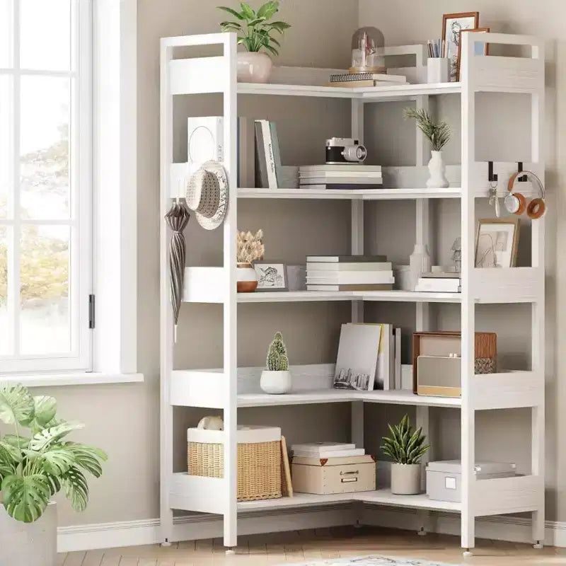 Bibliothèque d'angle, étagère d'angle convertible à 5 niveaux, étagère de rangement en forme de L pour bureau à domicile, salon, bureau d'étude