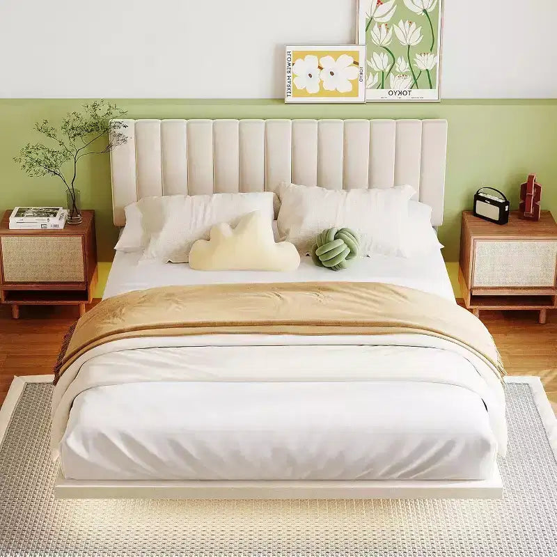 Cadre de lit flottant moderne Acekool Queen Size avec veilleuses à détecteur de mouvement, plateforme rembourrée, silencieux, beige