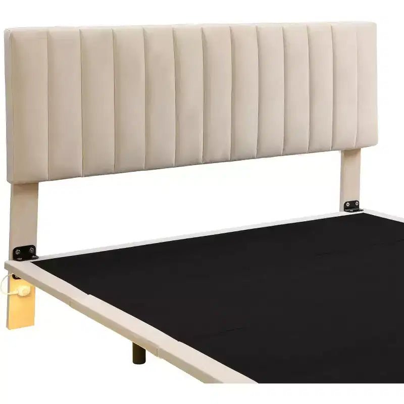 Cadre de lit flottant moderne Acekool Queen Size avec veilleuses à détecteur de mouvement, plateforme rembourrée, silencieux, beige