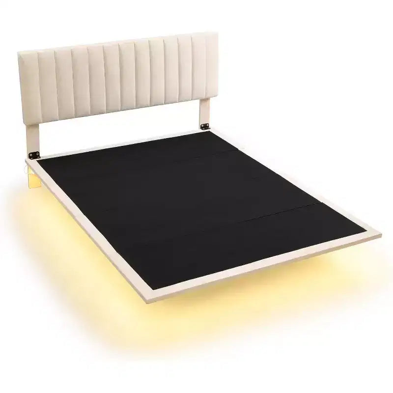 Cadre de lit flottant moderne Acekool Queen Size avec veilleuses à détecteur de mouvement, plateforme rembourrée, silencieux, beige