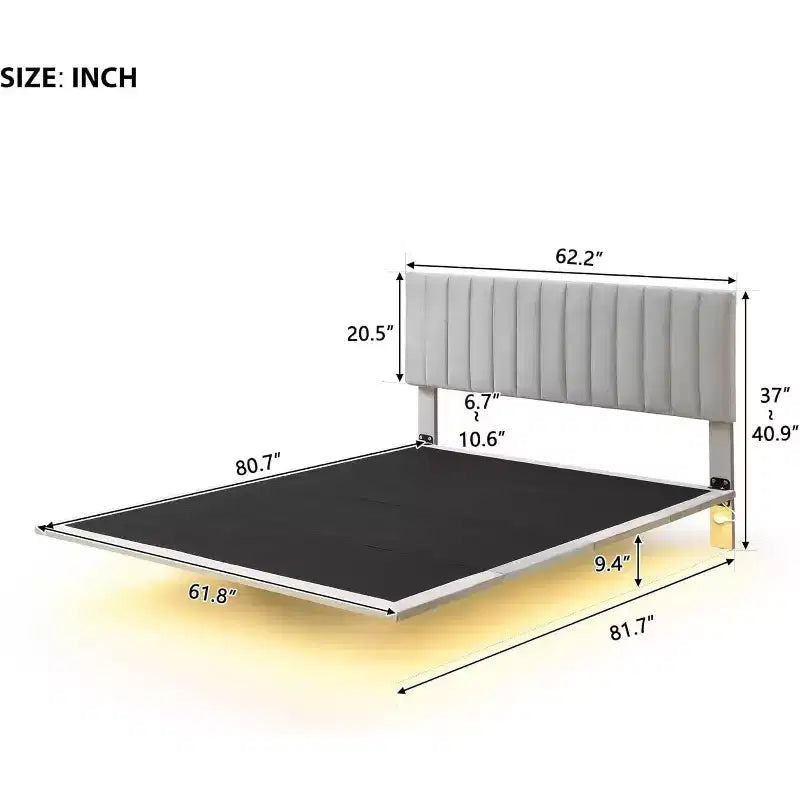Cadre de lit flottant moderne Acekool Queen Size avec veilleuses à détecteur de mouvement, plateforme rembourrée, silencieux, beige