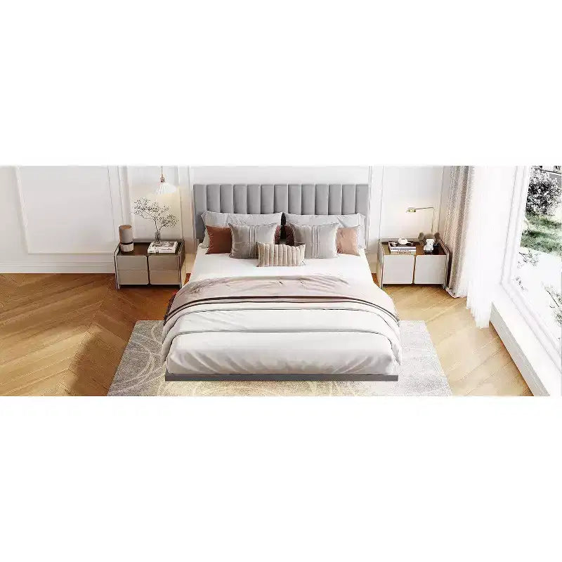Cadre de lit flottant moderne Acekool Queen Size avec veilleuses à détecteur de mouvement, plateforme rembourrée, silencieux, beige