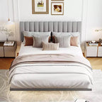 Cadre de lit flottant moderne Acekool Queen Size avec veilleuses à détecteur de mouvement, plateforme rembourrée, silencieux, beige