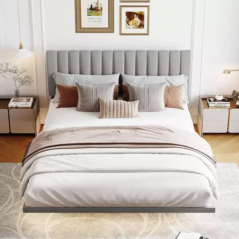Cadre de lit flottant moderne Acekool Queen Size avec veilleuses à détecteur de mouvement, plateforme rembourrée, silencieux, beige