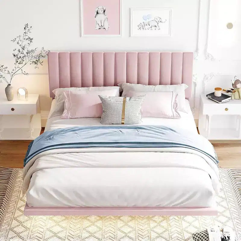 Cadre de lit flottant moderne Acekool Queen Size avec veilleuses à détecteur de mouvement, plateforme rembourrée, silencieux, beige