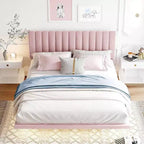 Cadre de lit flottant moderne Acekool Queen Size avec veilleuses à détecteur de mouvement, plateforme rembourrée, silencieux, beige