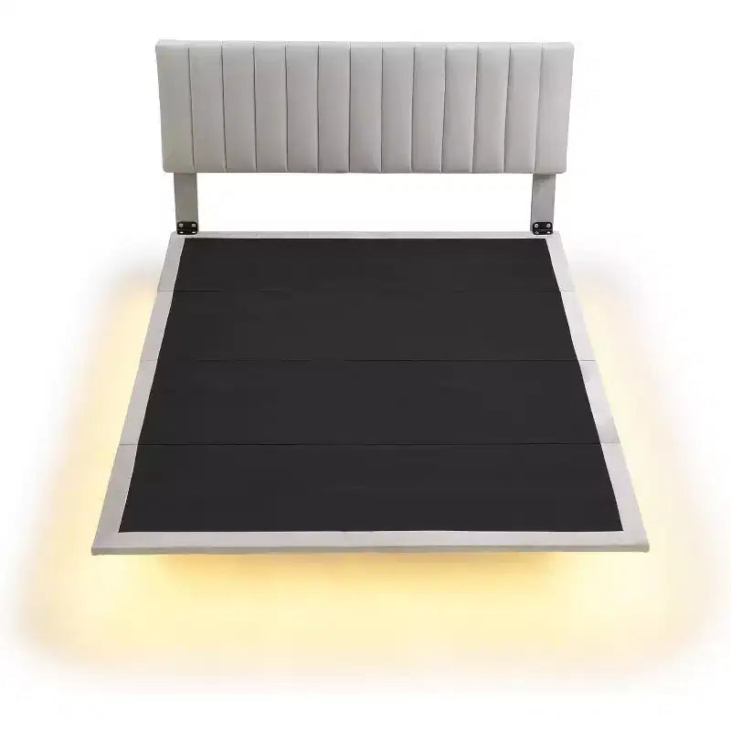 Cadre de lit flottant moderne Acekool Queen Size avec veilleuses à détecteur de mouvement, plateforme rembourrée, silencieux, beige