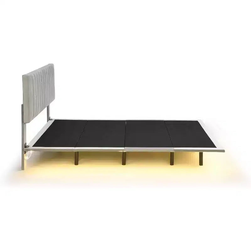 Cadre de lit flottant moderne Acekool Queen Size avec veilleuses à détecteur de mouvement, plateforme rembourrée, silencieux, beige