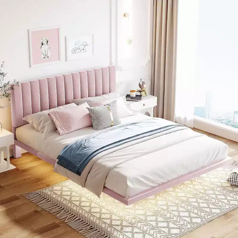 Cadre de lit flottant moderne Acekool Queen Size avec veilleuses à détecteur de mouvement, plateforme rembourrée, silencieux, beige