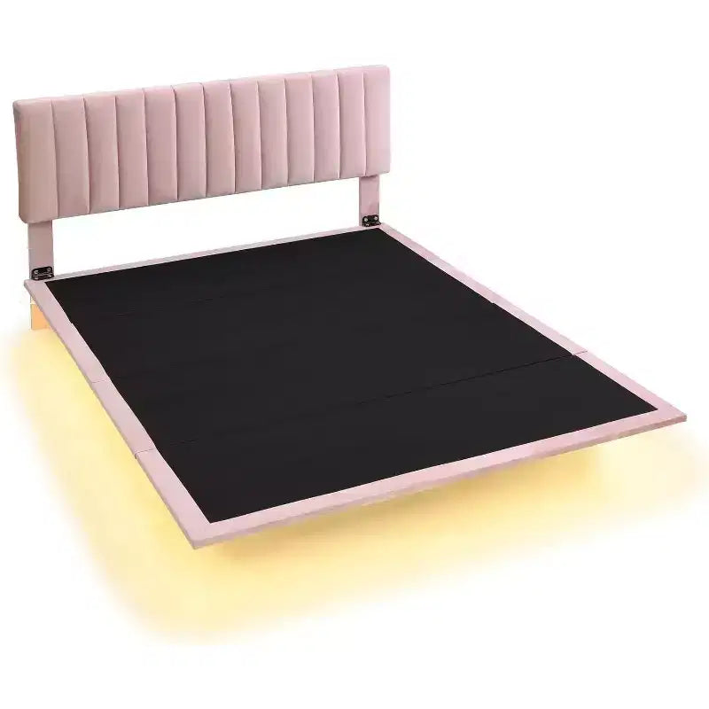 Cadre de lit flottant moderne Acekool Queen Size avec veilleuses à détecteur de mouvement, plateforme rembourrée, silencieux, beige