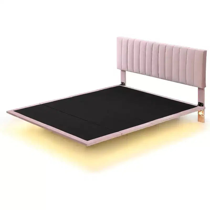 Cadre de lit flottant moderne Acekool Queen Size avec veilleuses à détecteur de mouvement, plateforme rembourrée, silencieux, beige